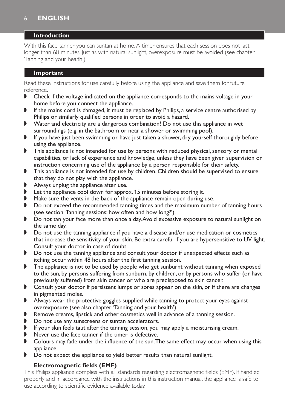 English, Introduction, Important | Electromagnetic fields (emf) | Philips Gesichtsbräuner User Manual | Page 6 / 66