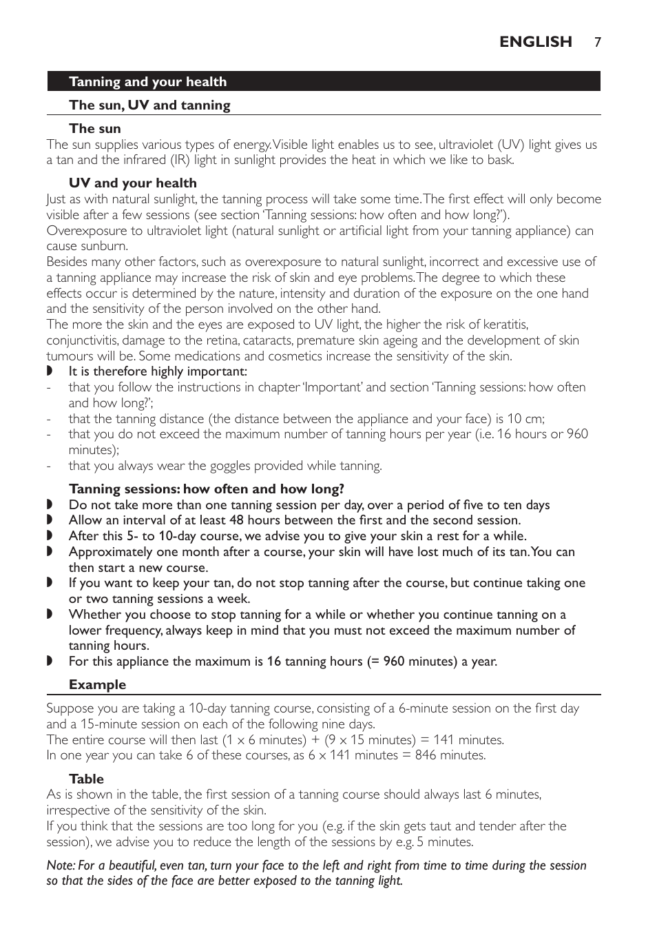 Tanning and your health, The sun, uv and tanning, The sun | Uv and your health, Tanning sessions: how often and how long, Example, Table | Philips Gesichtsbräuner User Manual | Page 7 / 66