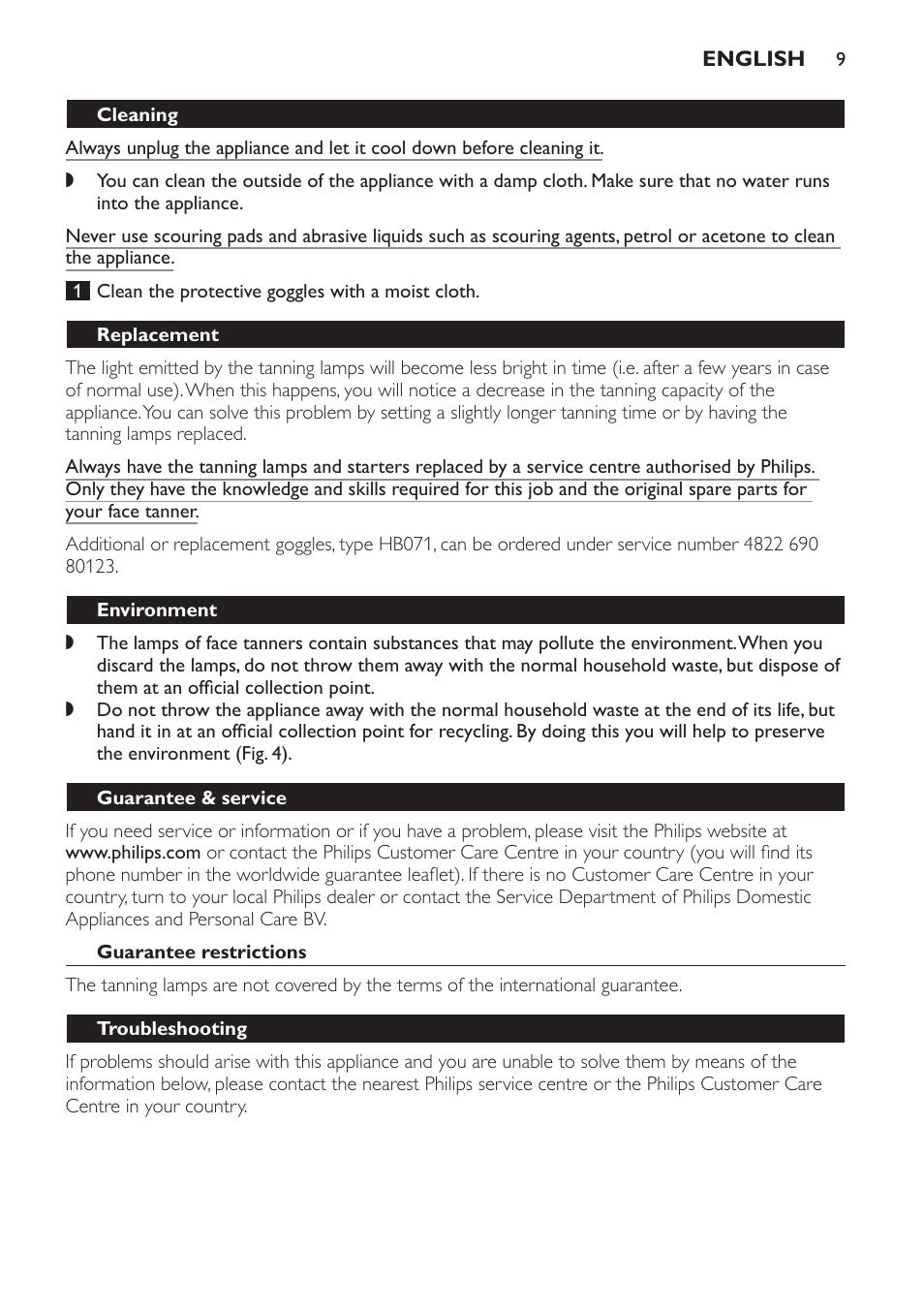 Replacement, Environment, Guarantee & service | Guarantee restrictions, Troubleshooting | Philips Gesichtsbräuner User Manual | Page 9 / 66