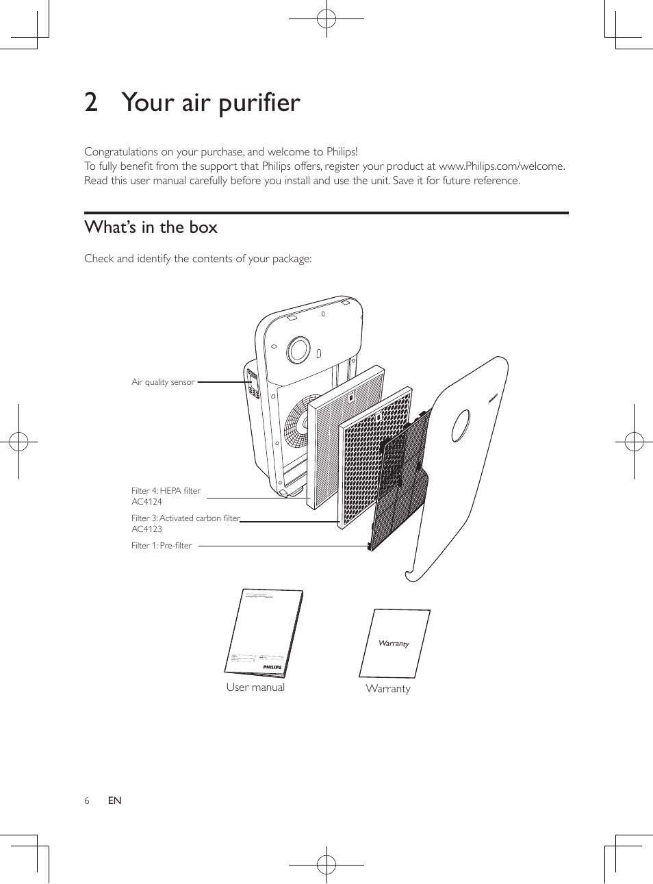 2 your air purifier, What’s in the box, Check and identify the contents of your package | User manual warranty | Philips Luftreiniger User Manual | Page 6 / 100