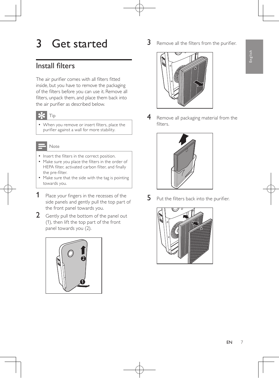 3 get started, Install filters | Philips Luftreiniger User Manual | Page 7 / 100