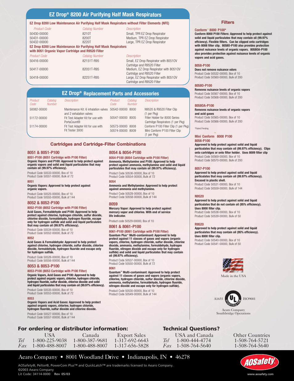 Ez drop, 8200 air purifying half mask respirators, Replacement parts and accessories | AOSafety Half Mask Repirator EZ Drop User Manual | Page 2 / 2