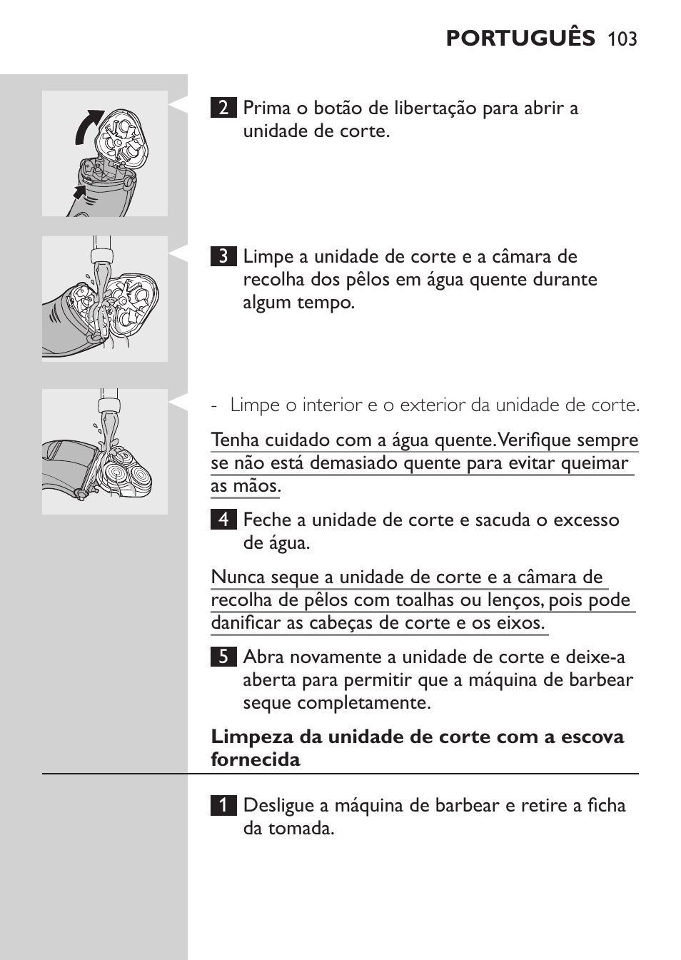 Limpeza da unidade de corte com a escova fornecida | Philips SHAVER Series 3000 Elektrorasierer User Manual | Page 101 / 124