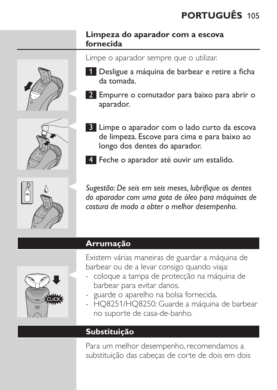 Limpeza do aparador com a escova fornecida, Arrumação, Substituição | Philips SHAVER Series 3000 Elektrorasierer User Manual | Page 103 / 124