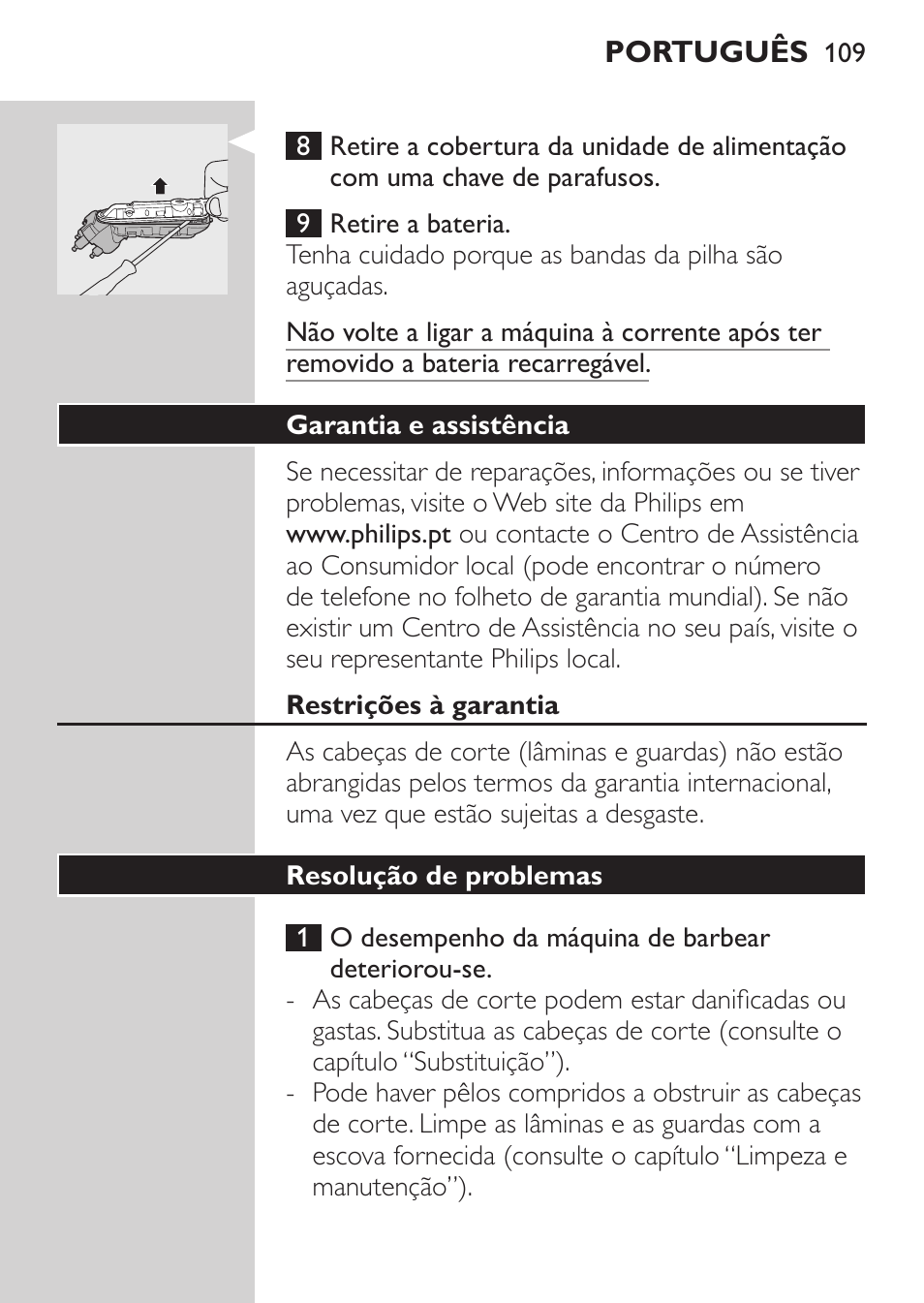 Garantia e assistência, Restrições à garantia, Resolução de problemas | Philips SHAVER Series 3000 Elektrorasierer User Manual | Page 107 / 124