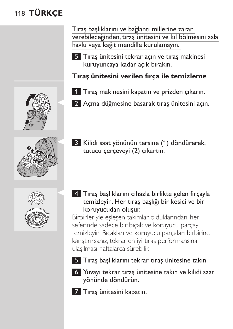 Tıraş ünitesini verilen fırça ile temizleme | Philips SHAVER Series 3000 Elektrorasierer User Manual | Page 116 / 124