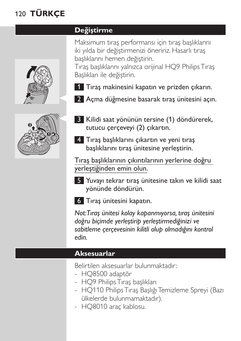 Değiştirme, Aksesuarlar | Philips SHAVER Series 3000 Elektrorasierer User Manual | Page 118 / 124