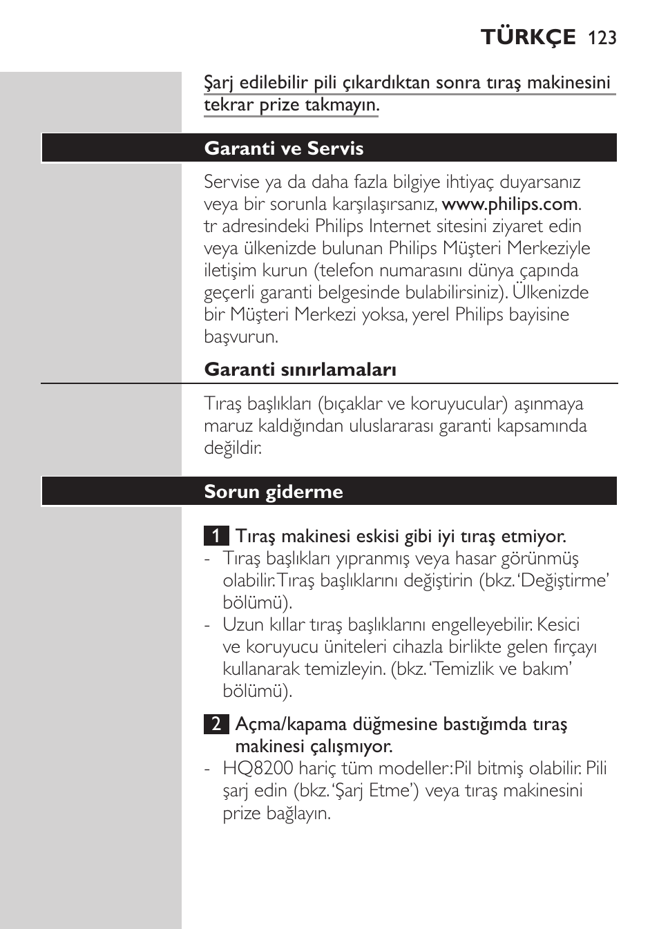 Garanti ve servis, Garanti sınırlamaları, Sorun giderme | Philips SHAVER Series 3000 Elektrorasierer User Manual | Page 121 / 124