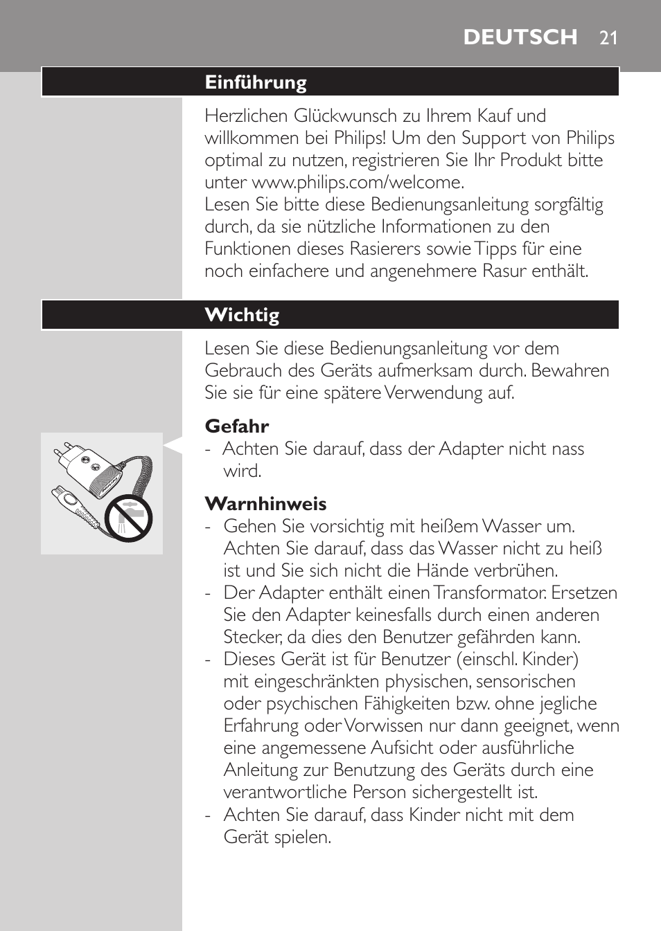 Gefahr, Warnhinweis, Deutsch | Einführung, Wichtig | Philips SHAVER Series 3000 Elektrorasierer User Manual | Page 19 / 124