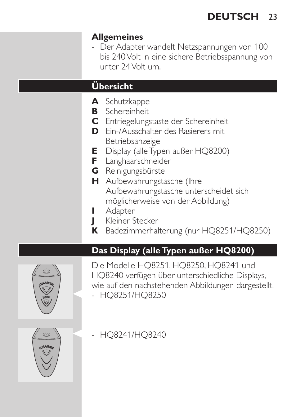 Allgemeines, Übersicht (abb. 4), Das display (alle typen außer hq8200) | Philips SHAVER Series 3000 Elektrorasierer User Manual | Page 21 / 124