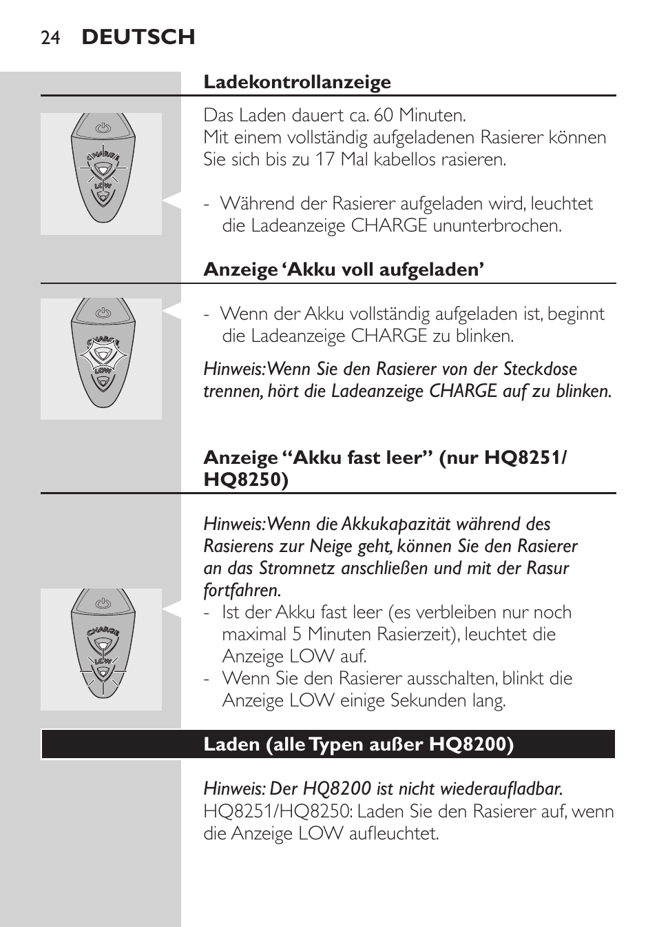 Ladekontrollanzeige, Anzeige ‘akku voll aufgeladen, Anzeige “akku fast leer” (nur hq8251/hq8250) | Laden (alle typen außer hq8200) | Philips SHAVER Series 3000 Elektrorasierer User Manual | Page 22 / 124