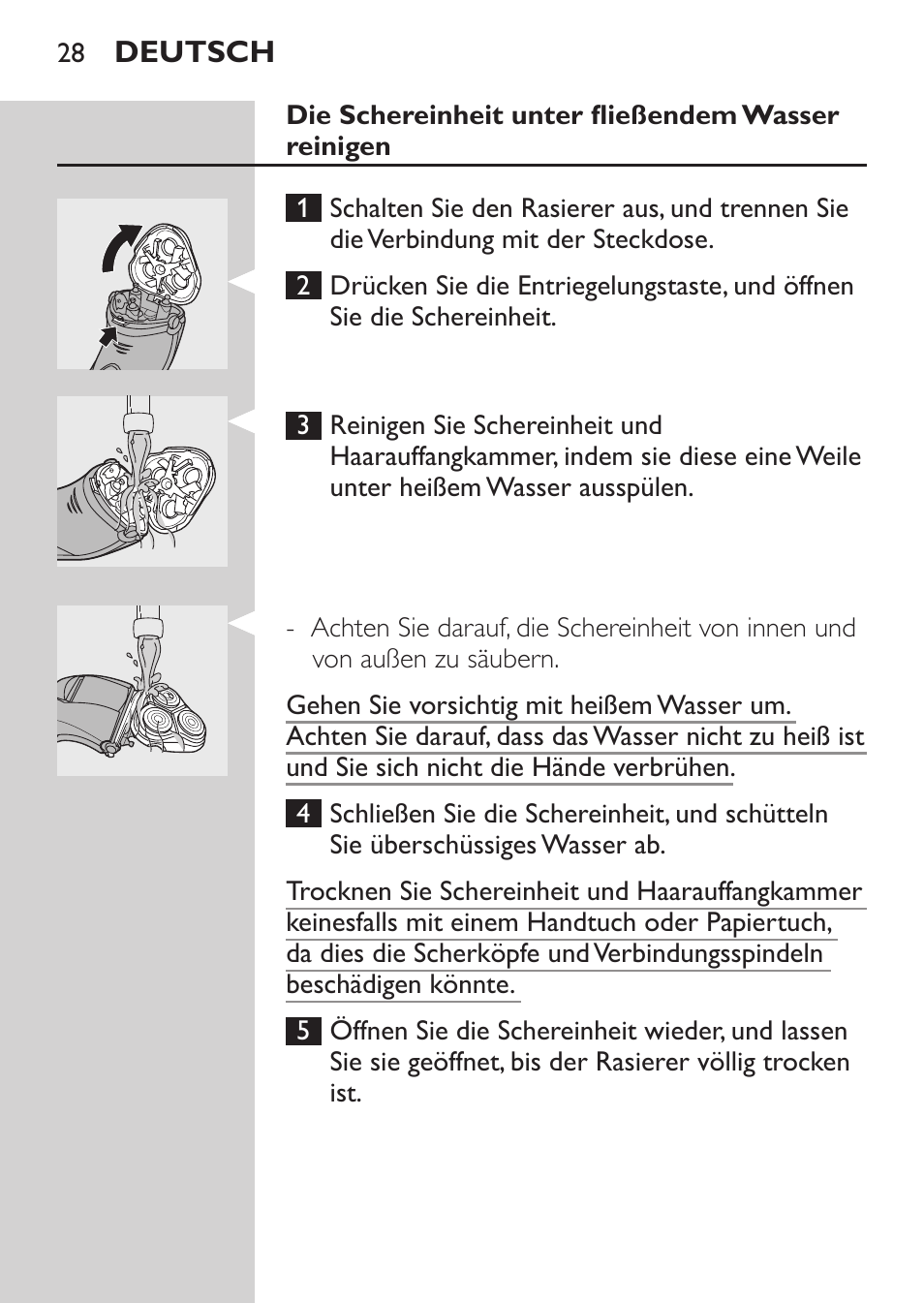 Die schereinheit unter fließendem wasser reinigen | Philips SHAVER Series 3000 Elektrorasierer User Manual | Page 26 / 124