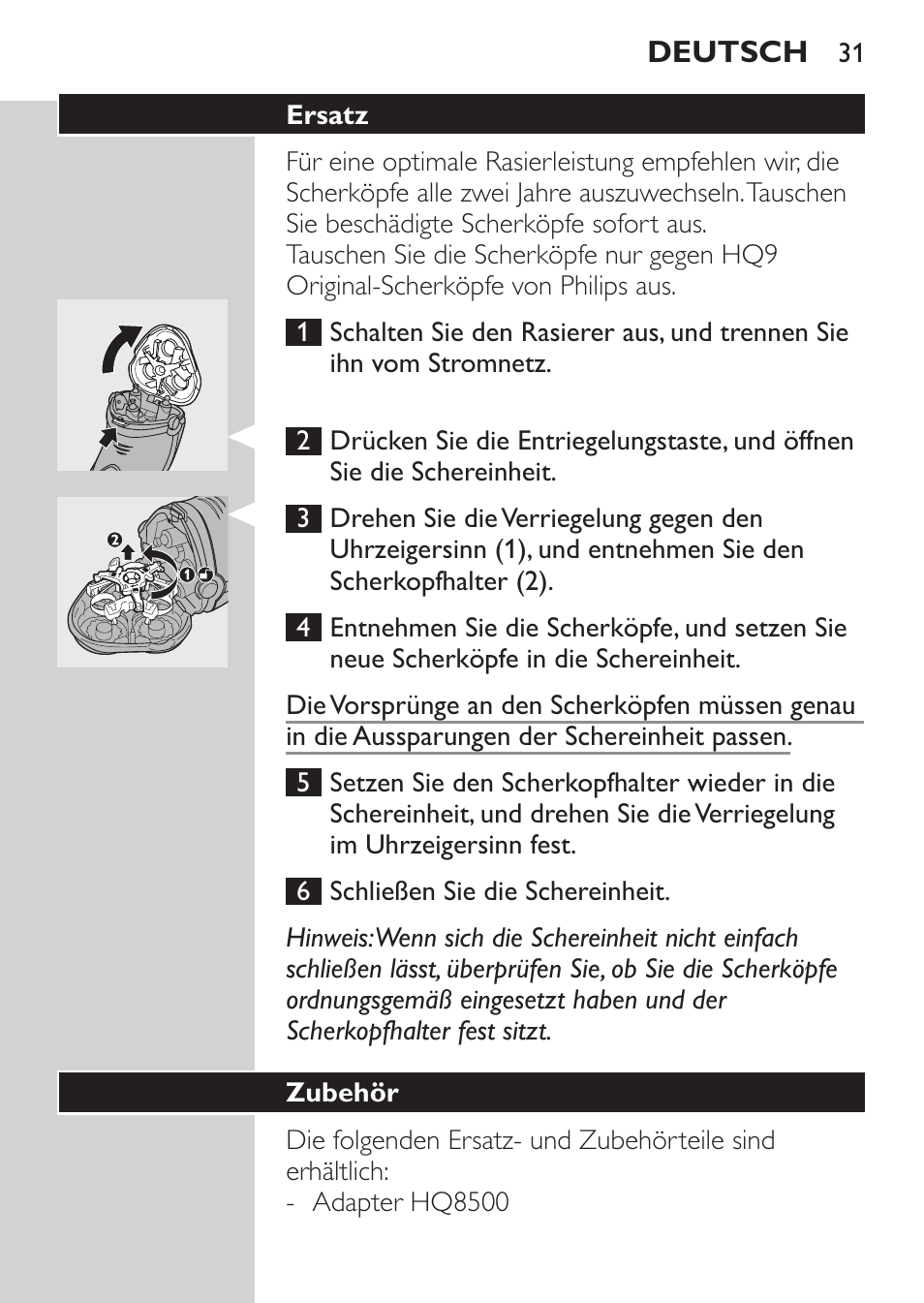 Ersatz, Zubehör | Philips SHAVER Series 3000 Elektrorasierer User Manual | Page 29 / 124