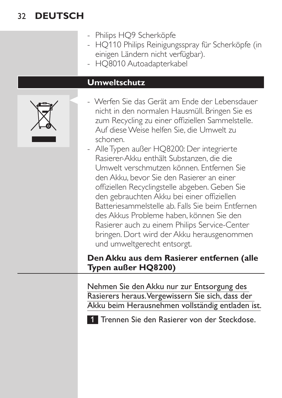 Umweltschutz | Philips SHAVER Series 3000 Elektrorasierer User Manual | Page 30 / 124