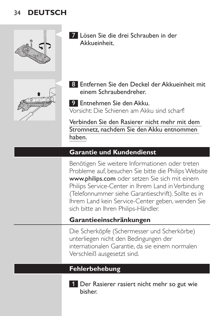 Garantie und kundendienst, Garantieeinschränkungen, Fehlerbehebung | Philips SHAVER Series 3000 Elektrorasierer User Manual | Page 32 / 124