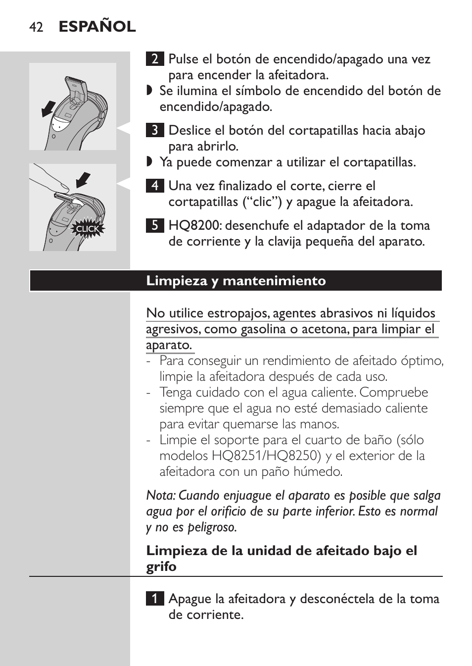 Limpieza y mantenimiento, Limpieza de la unidad de afeitado bajo el grifo | Philips SHAVER Series 3000 Elektrorasierer User Manual | Page 40 / 124