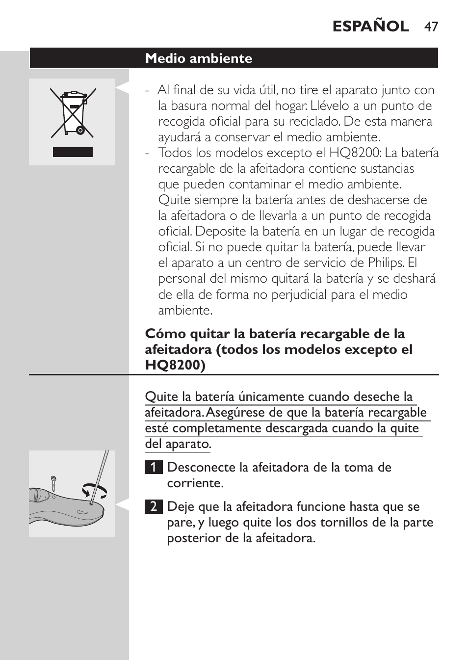 Medio ambiente | Philips SHAVER Series 3000 Elektrorasierer User Manual | Page 45 / 124