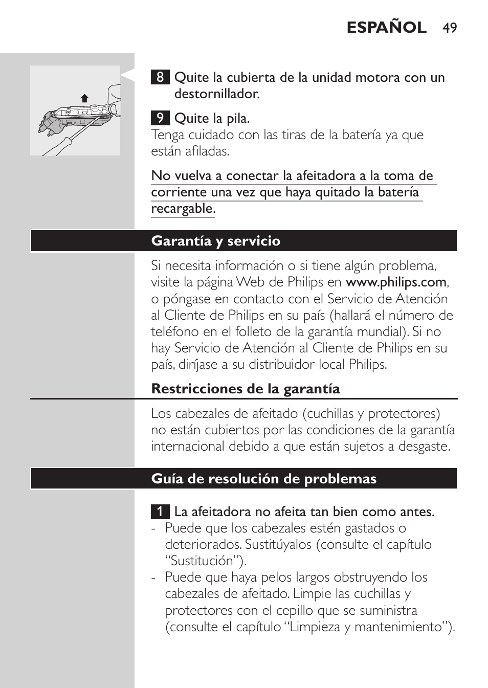 Garantía y servicio, Restricciones de la garantía, Guía de resolución de problemas | Philips SHAVER Series 3000 Elektrorasierer User Manual | Page 47 / 124