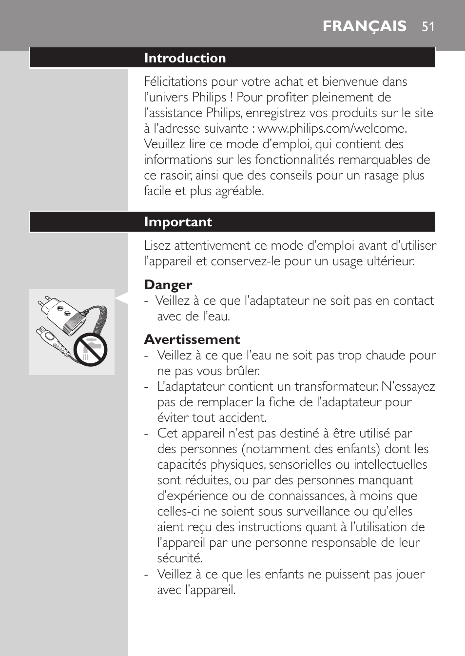 Danger, Avertissement, Français | Introduction, Important | Philips SHAVER Series 3000 Elektrorasierer User Manual | Page 49 / 124