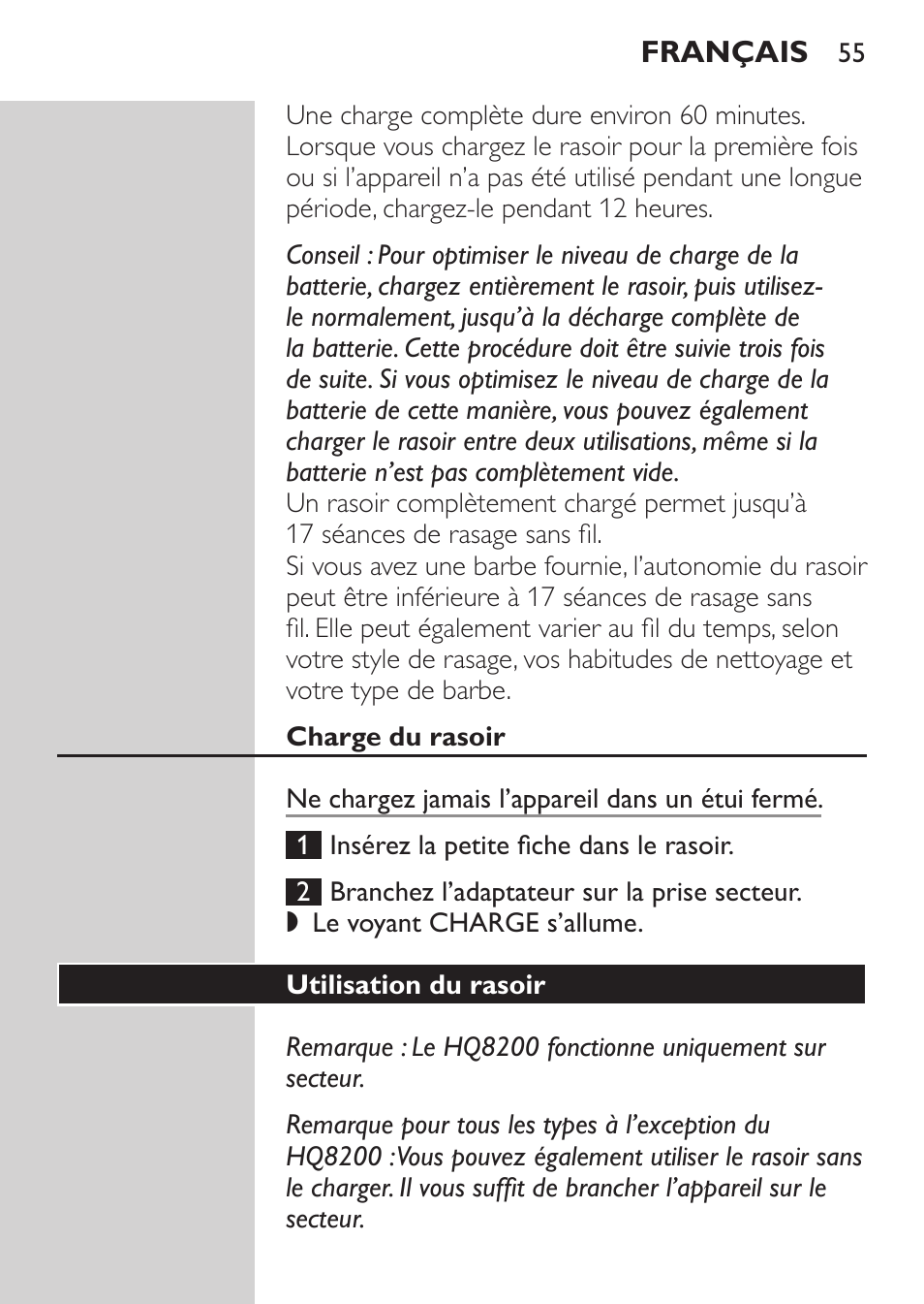 Charge du rasoir, Utilisation du rasoir | Philips SHAVER Series 3000 Elektrorasierer User Manual | Page 53 / 124