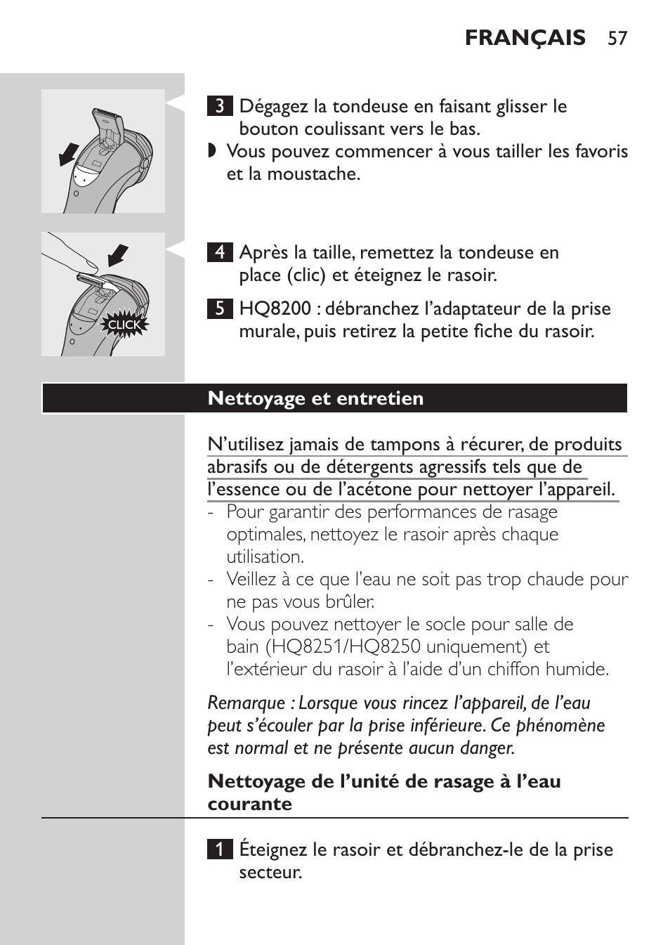 Nettoyage et entretien, Nettoyage de l’unité de rasage à l’eau courante | Philips SHAVER Series 3000 Elektrorasierer User Manual | Page 55 / 124