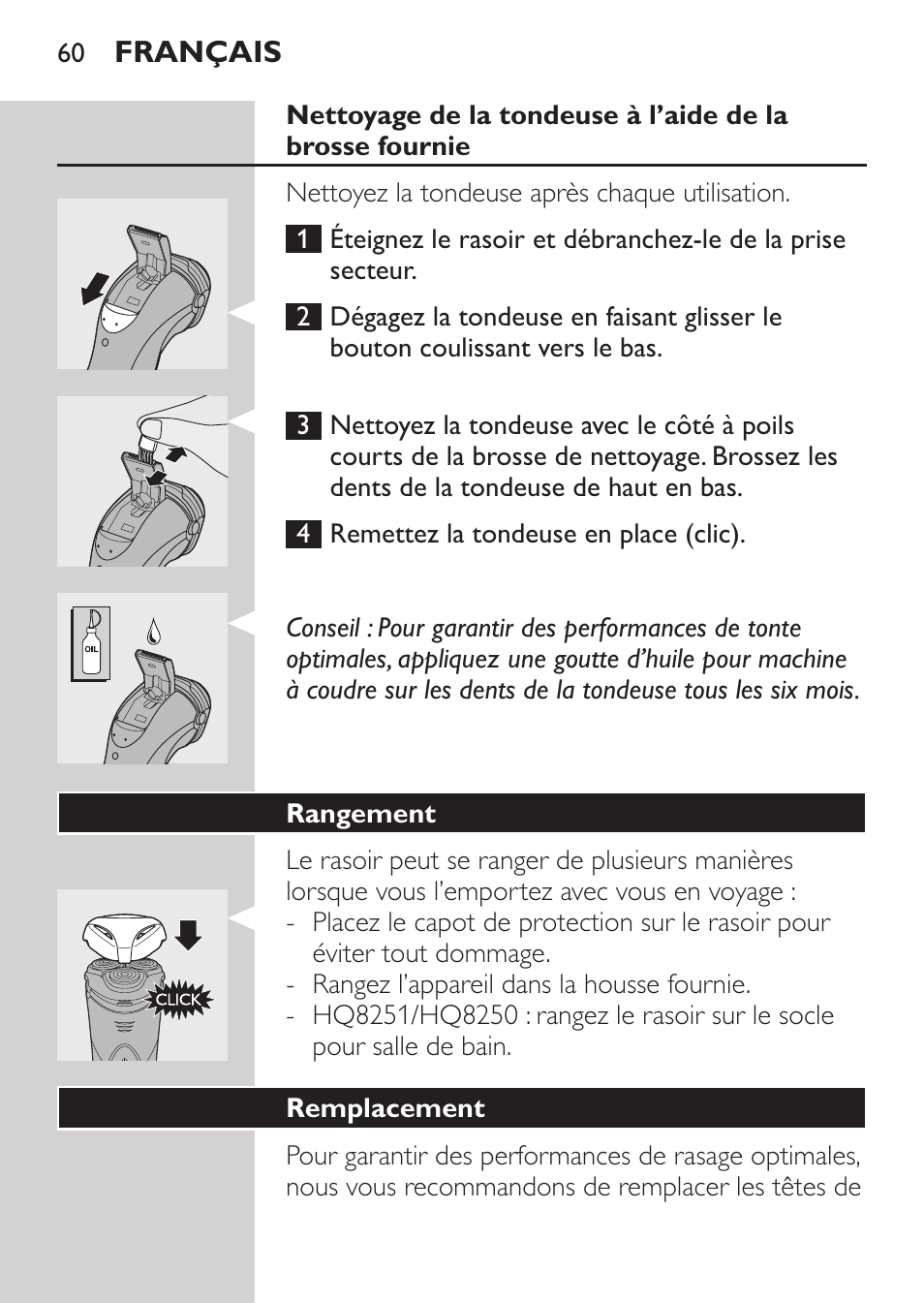 Rangement, Remplacement | Philips SHAVER Series 3000 Elektrorasierer User Manual | Page 58 / 124