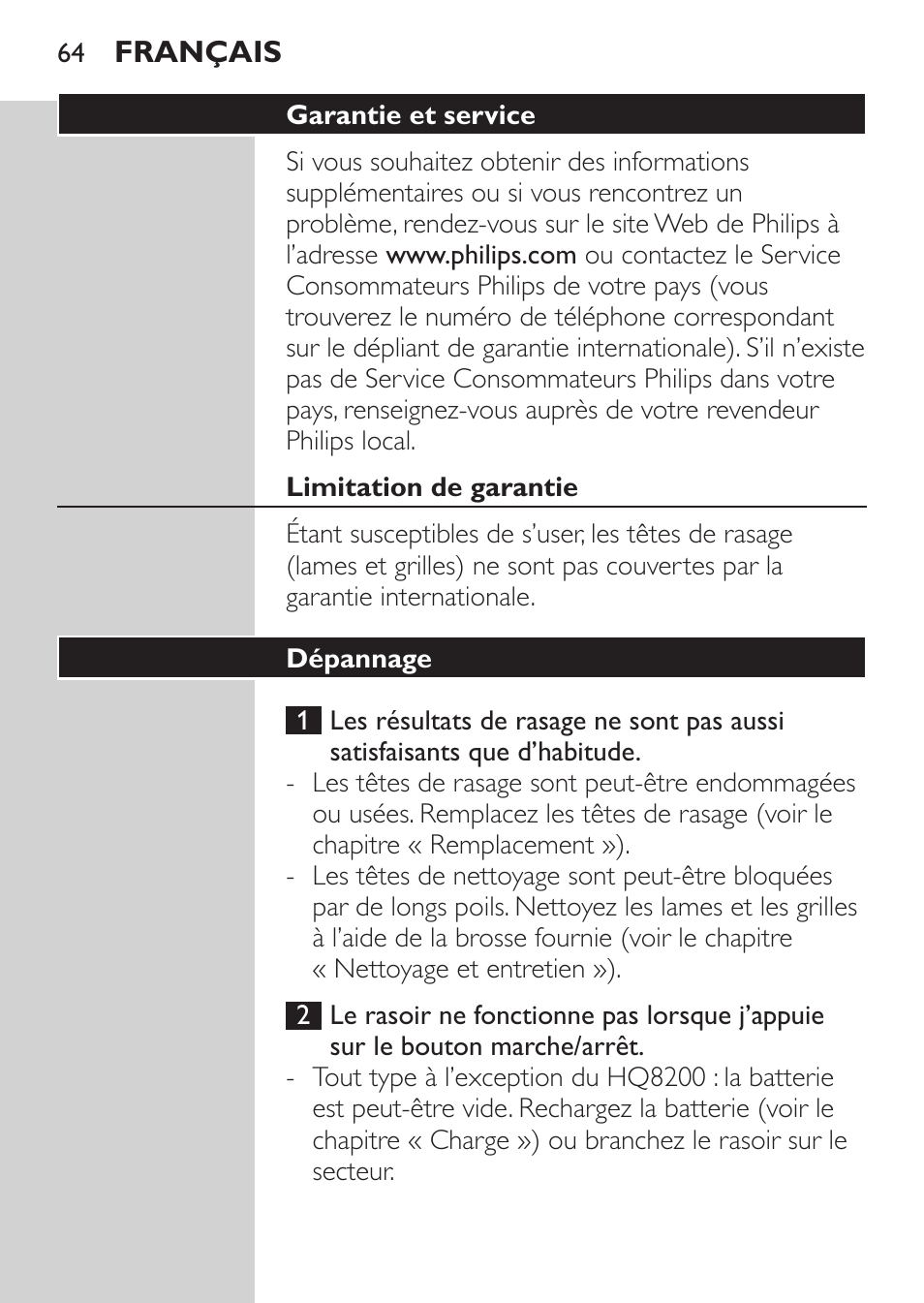 Garantie et service, Limitation de garantie, Dépannage | Philips SHAVER Series 3000 Elektrorasierer User Manual | Page 62 / 124