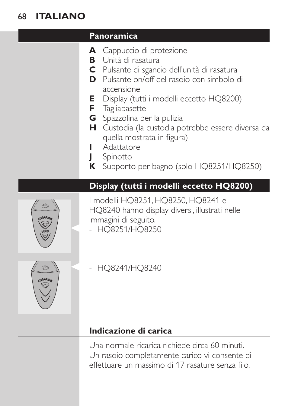 Panoramica (fig. 4), Display (tutti i modelli eccetto hq8200), Indicazione di carica | Philips SHAVER Series 3000 Elektrorasierer User Manual | Page 66 / 124