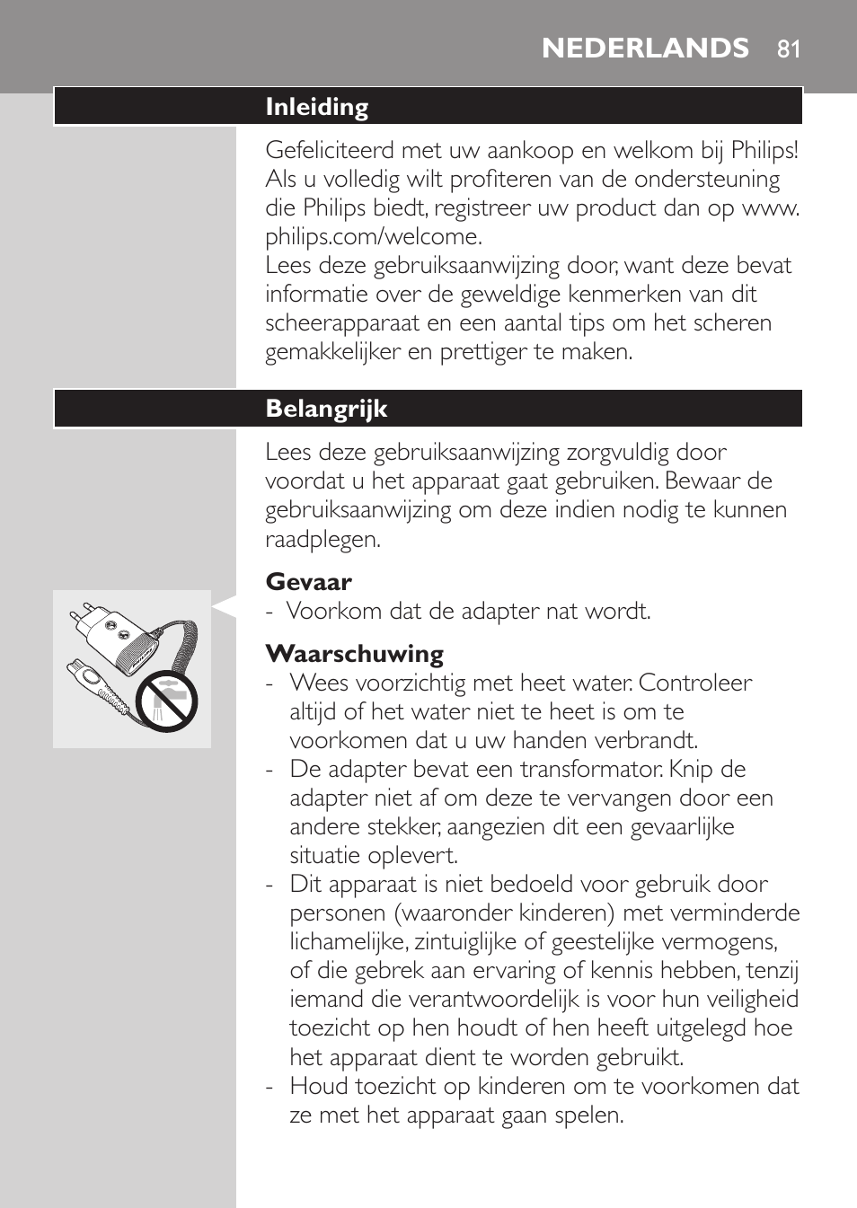 Gevaar, Waarschuwing, Nederlands | Inleiding, Belangrijk | Philips SHAVER Series 3000 Elektrorasierer User Manual | Page 79 / 124