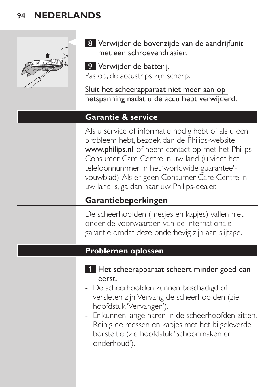 Garantie & service, Garantiebeperkingen, Problemen oplossen | Philips SHAVER Series 3000 Elektrorasierer User Manual | Page 92 / 124