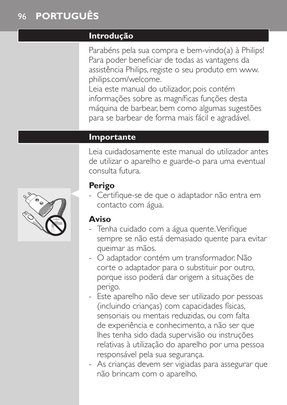 Perigo, Aviso, Português | Introdução, Importante | Philips SHAVER Series 3000 Elektrorasierer User Manual | Page 94 / 124