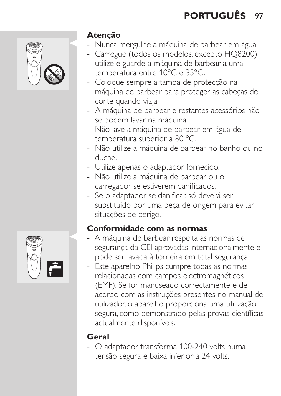 Atenção, Conformidade com as normas, Geral | Philips SHAVER Series 3000 Elektrorasierer User Manual | Page 95 / 124