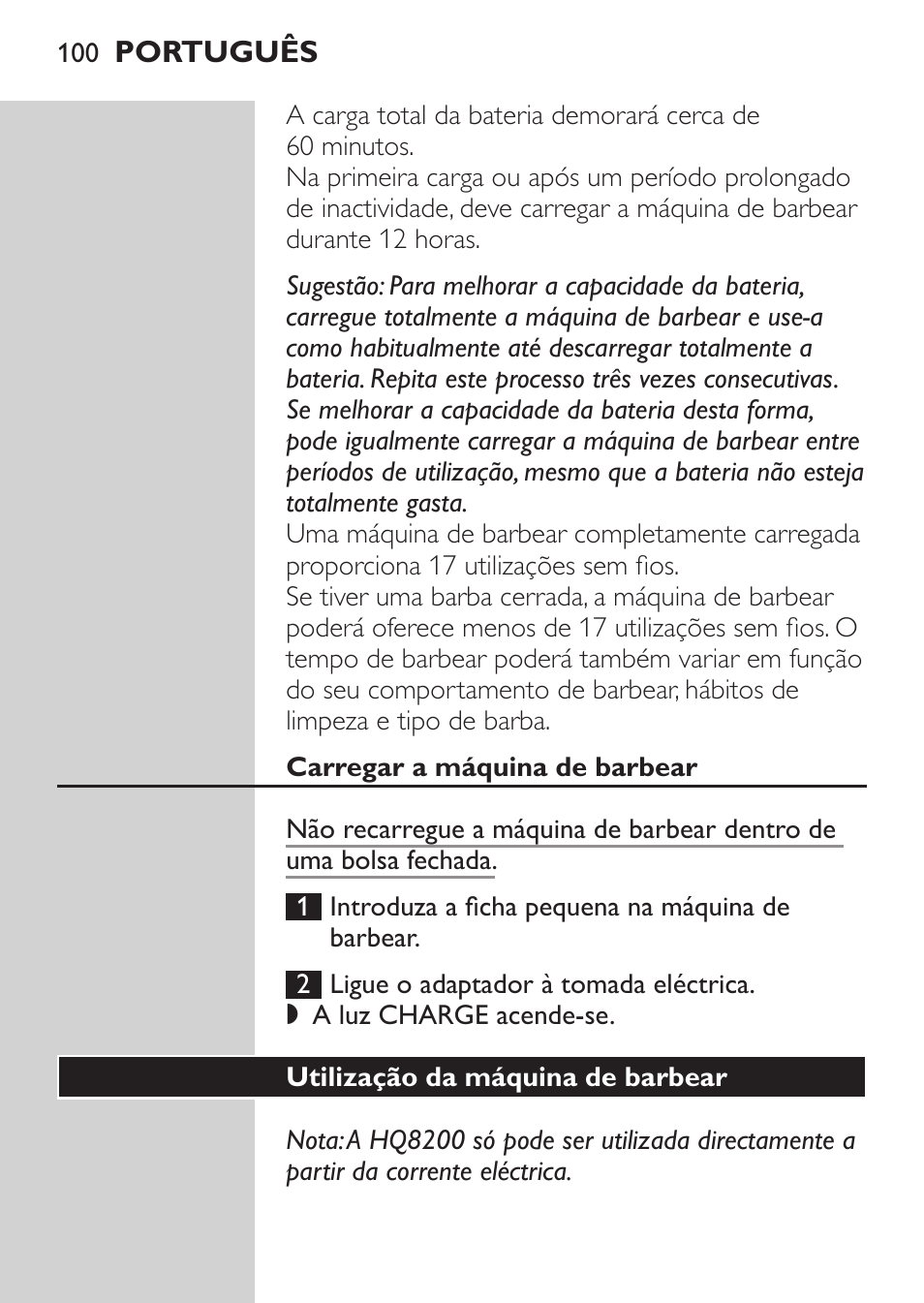 Carregar a máquina de barbear, Utilização da máquina de barbear | Philips SHAVER Series 3000 Elektrorasierer User Manual | Page 98 / 124