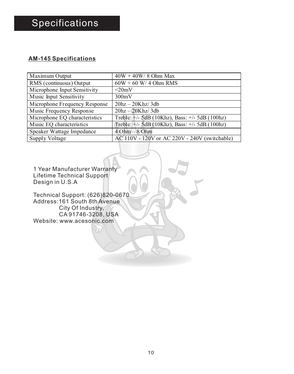 Spec, Specifications | Acesonic AM-145 User Manual | Page 10 / 12