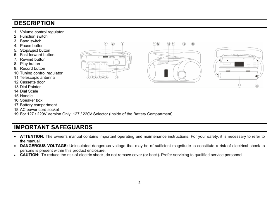 Description, Important safeguards | Hyundai H-1006 User Manual | Page 2 / 12