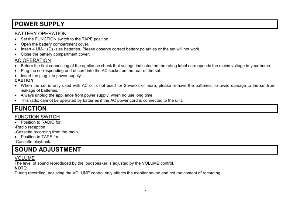 Power supply, Function, Sound adjustment | Hyundai H-1006 User Manual | Page 3 / 12
