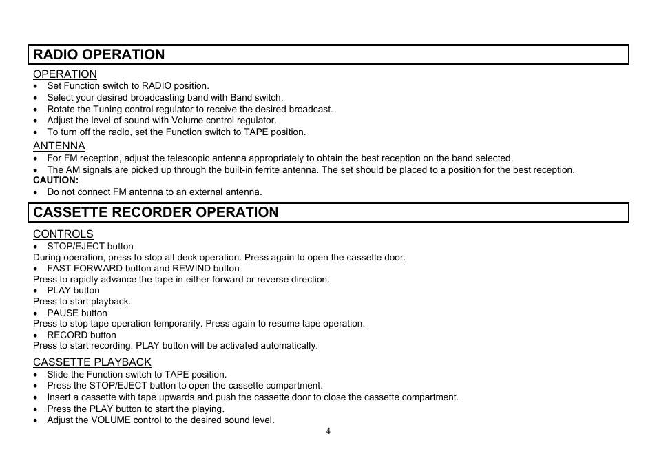 Radio operation, Cassette recorder operation | Hyundai H-1006 User Manual | Page 4 / 12