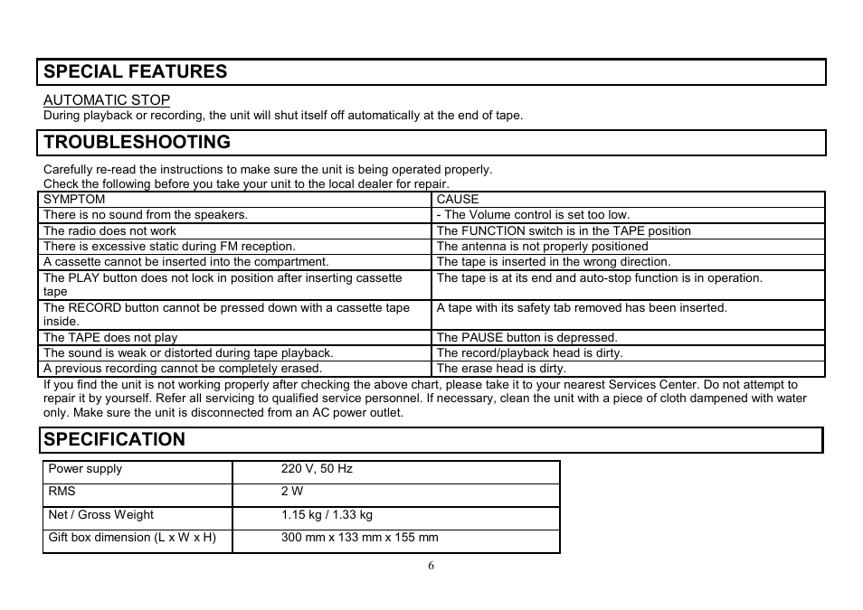 Special features, Troubleshooting, Specification | Hyundai H-1006 User Manual | Page 6 / 12