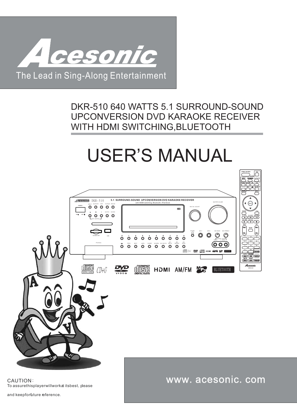 Acesonic SURROUND-SOUND UPCONVERSION DVD KARAOKE RECEIVER WITH HDMI SWITCHING User Manual | 26 pages