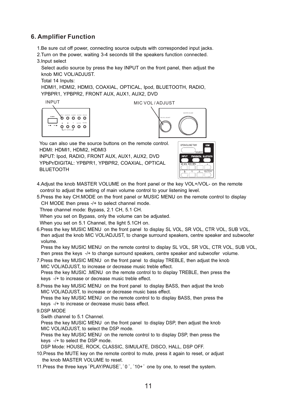 Amplifier function | Acesonic SURROUND-SOUND UPCONVERSION DVD KARAOKE RECEIVER WITH HDMI SWITCHING User Manual | Page 13 / 26