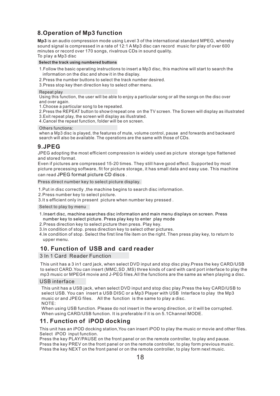 Operation of mp3 function, Jpeg, Function of usb and card reader | Function of ipod docking | Acesonic SURROUND-SOUND UPCONVERSION DVD KARAOKE RECEIVER WITH HDMI SWITCHING User Manual | Page 20 / 26