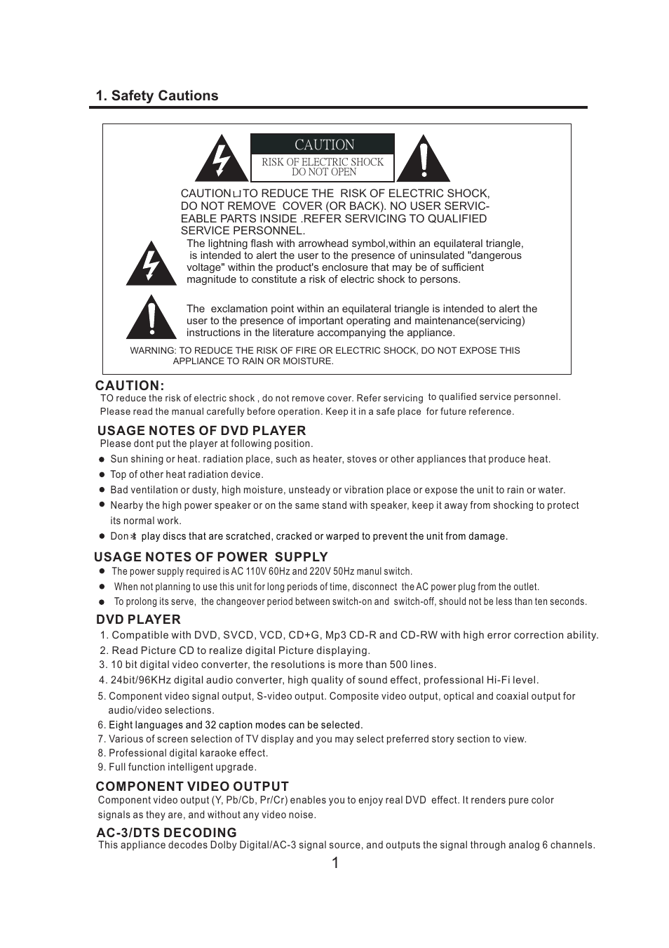Safety cautions caution | Acesonic SURROUND-SOUND UPCONVERSION DVD KARAOKE RECEIVER WITH HDMI SWITCHING User Manual | Page 3 / 26