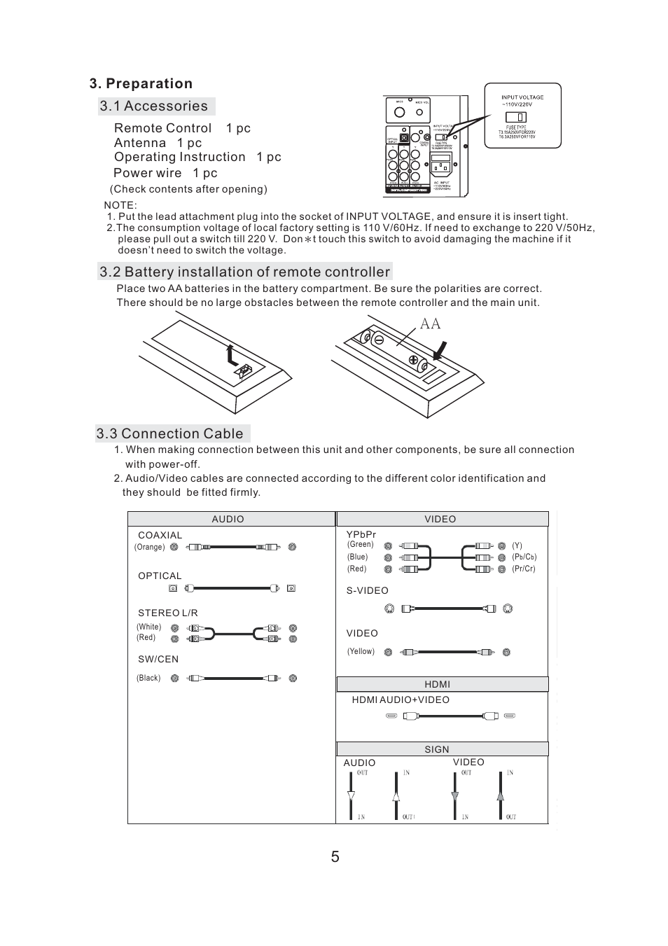 Preparation 3.1 accessories, 2 battery installation of remote controller, 3 connection cable | Acesonic SURROUND-SOUND UPCONVERSION DVD KARAOKE RECEIVER WITH HDMI SWITCHING User Manual | Page 7 / 26