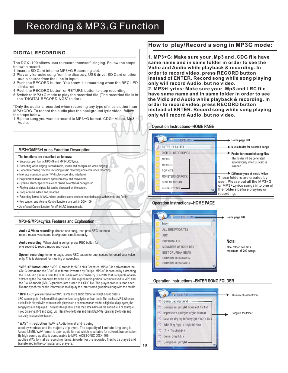 Recording & mp3 g function, How to play/record a song in mp3g mode | Acesonic DGX-109 User Manual | Page 13 / 26