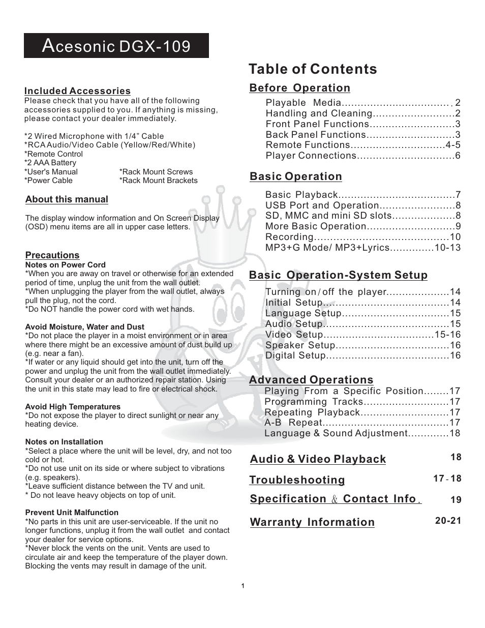 Acesonic DGX-109 User Manual | Page 4 / 26