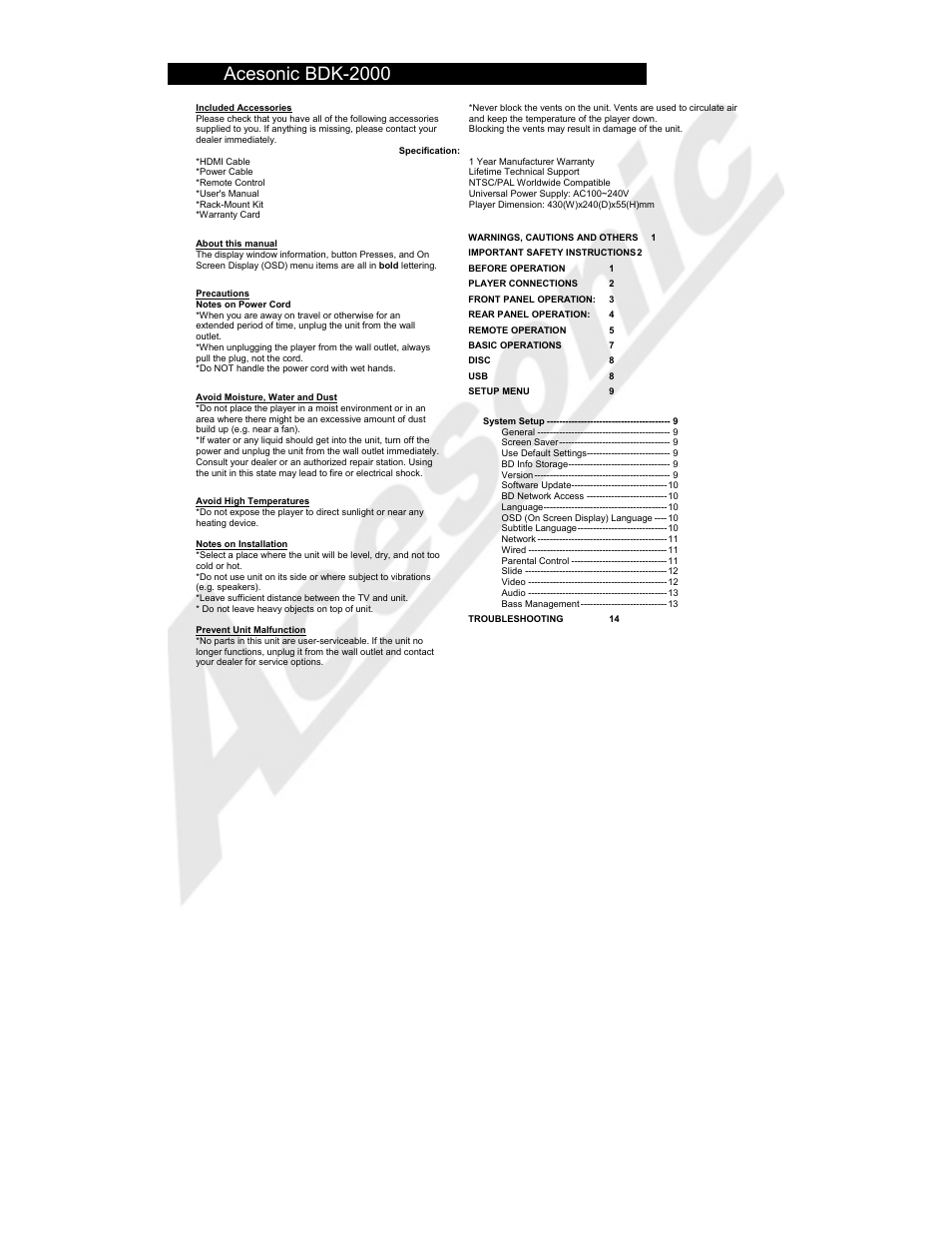 Acesonic bdk-2000 | Acesonic BDK-2000 User Manual | Page 4 / 20