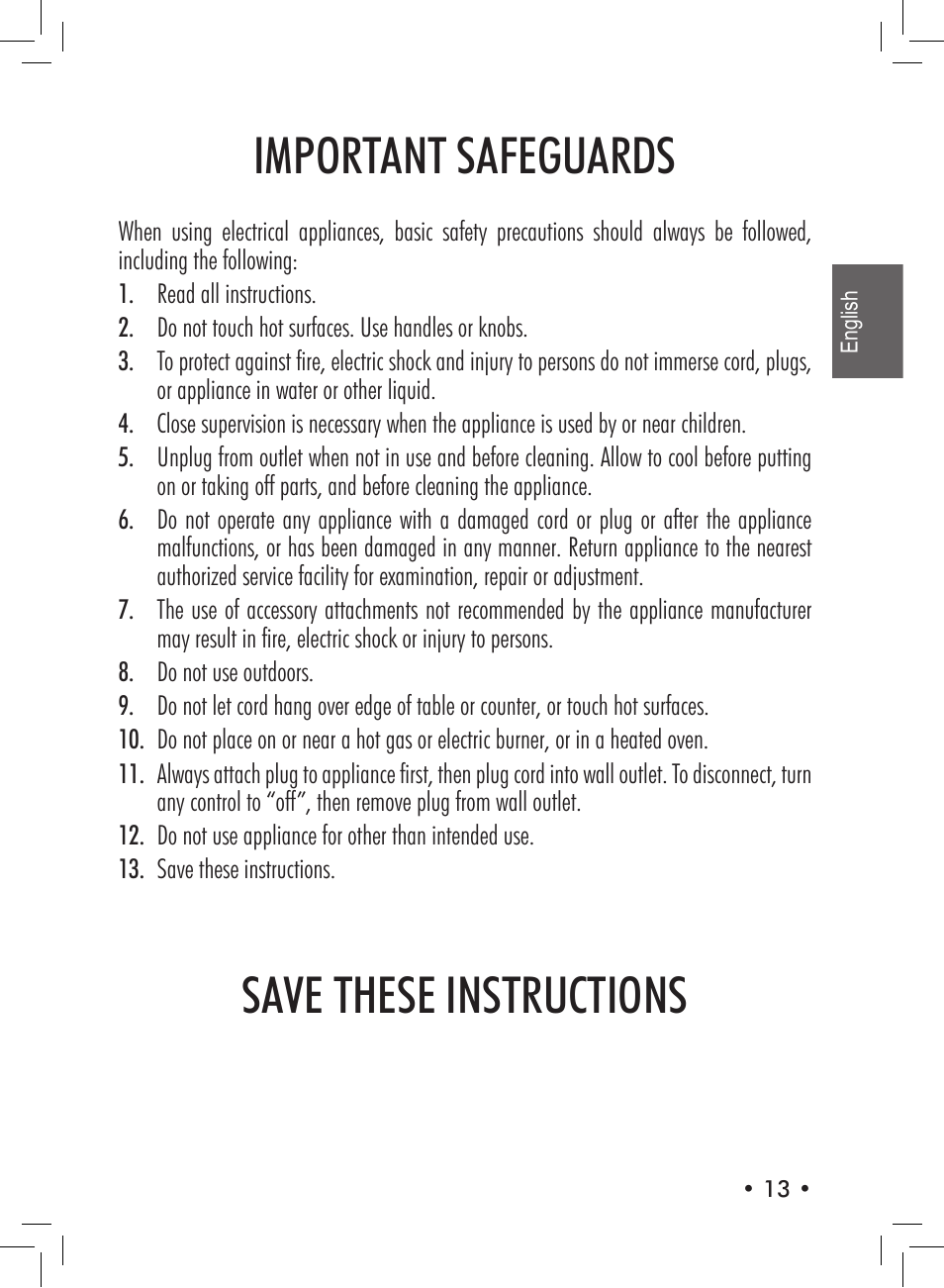 Important safeguards, Save these instructions | Philips Saeco Aroma Siebträger-Espressomaschine User Manual | Page 13 / 72