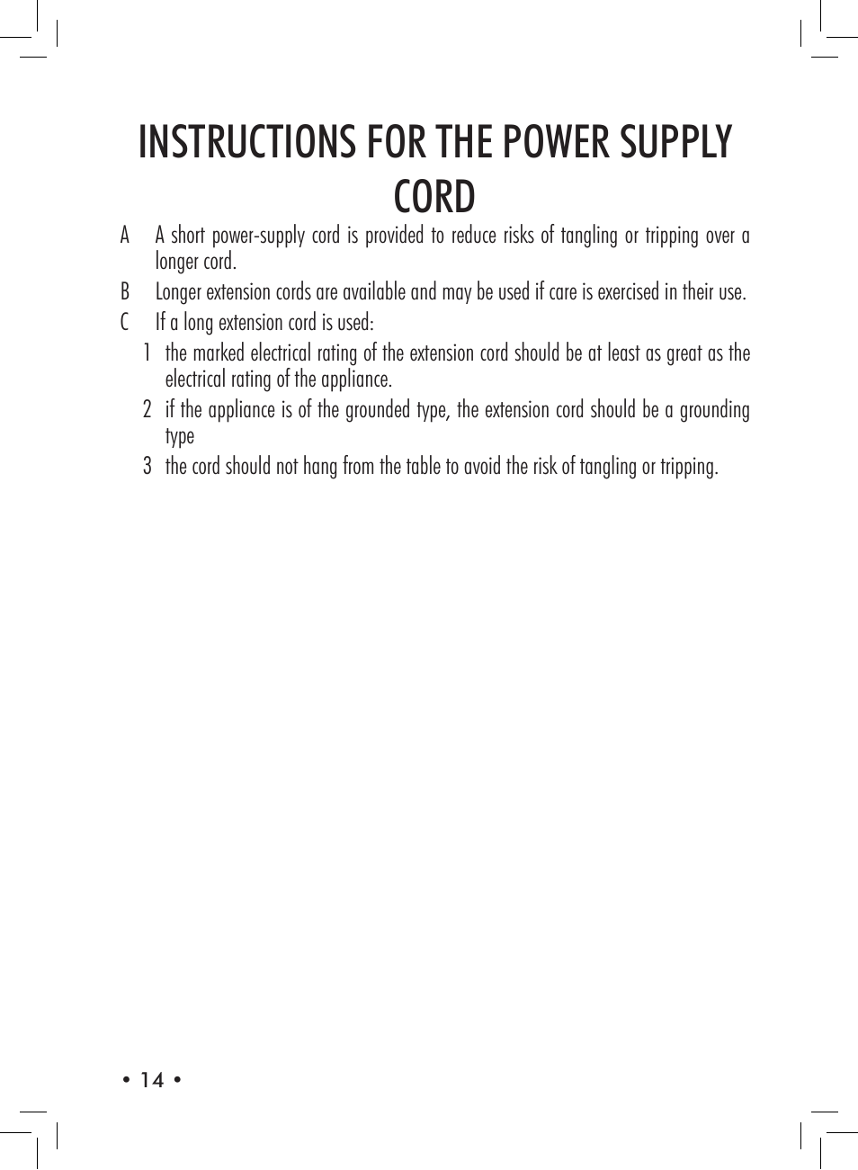 Instructions for the power supply cord | Philips Saeco Aroma Siebträger-Espressomaschine User Manual | Page 14 / 72