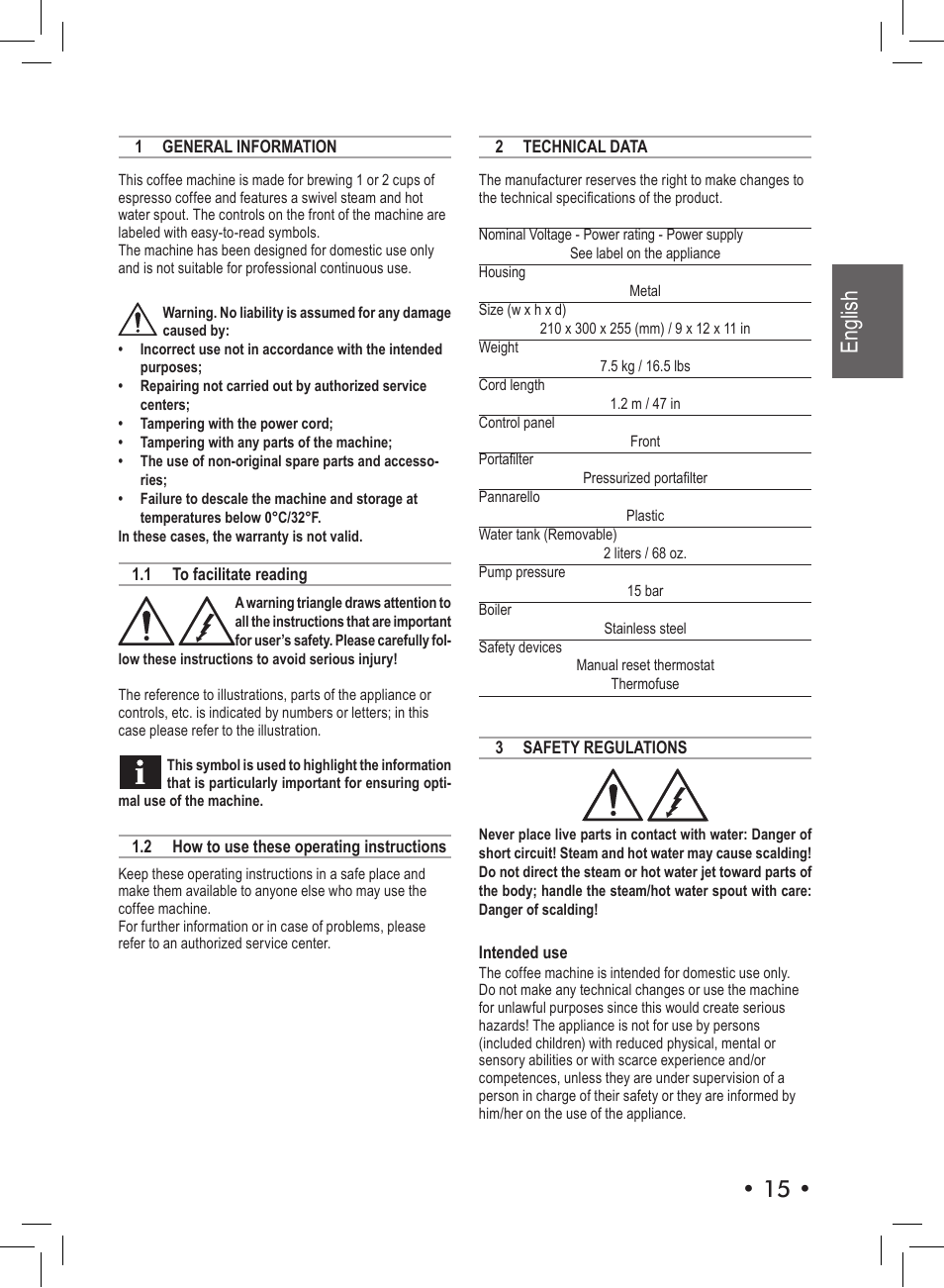 1 • english | Philips Saeco Aroma Siebträger-Espressomaschine User Manual | Page 15 / 72