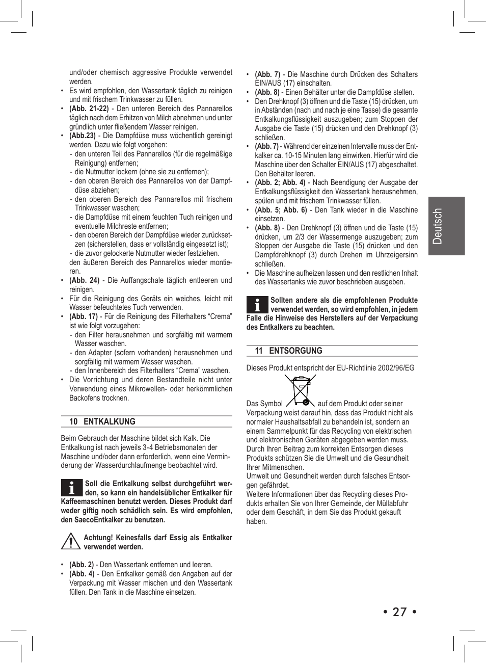 Deutsch | Philips Saeco Aroma Siebträger-Espressomaschine User Manual | Page 27 / 72